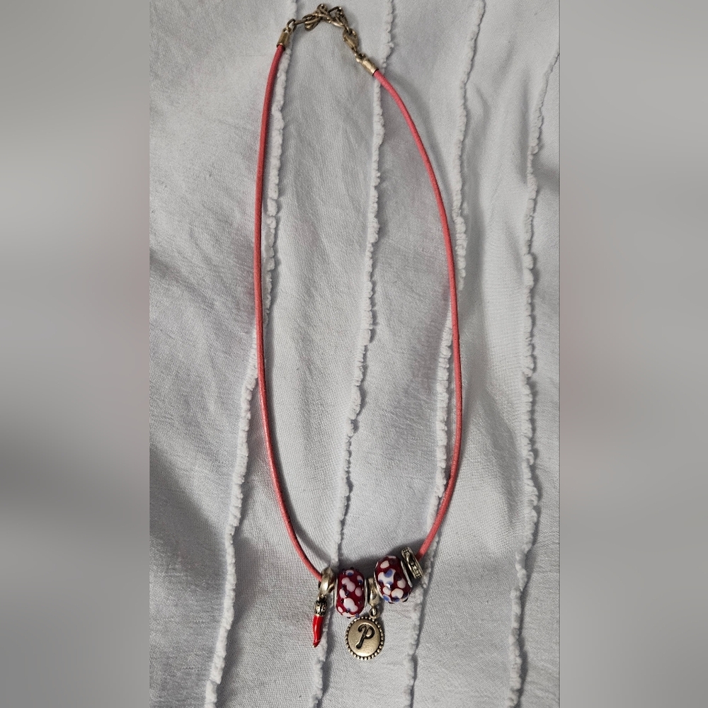 Pandora Pink Necklace with Pandora Charms And Red Troll Beads
